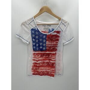 Onque Red White Blue Sequined V-Neck USA T-Shirt Womens Size‎ PM Petite Medium